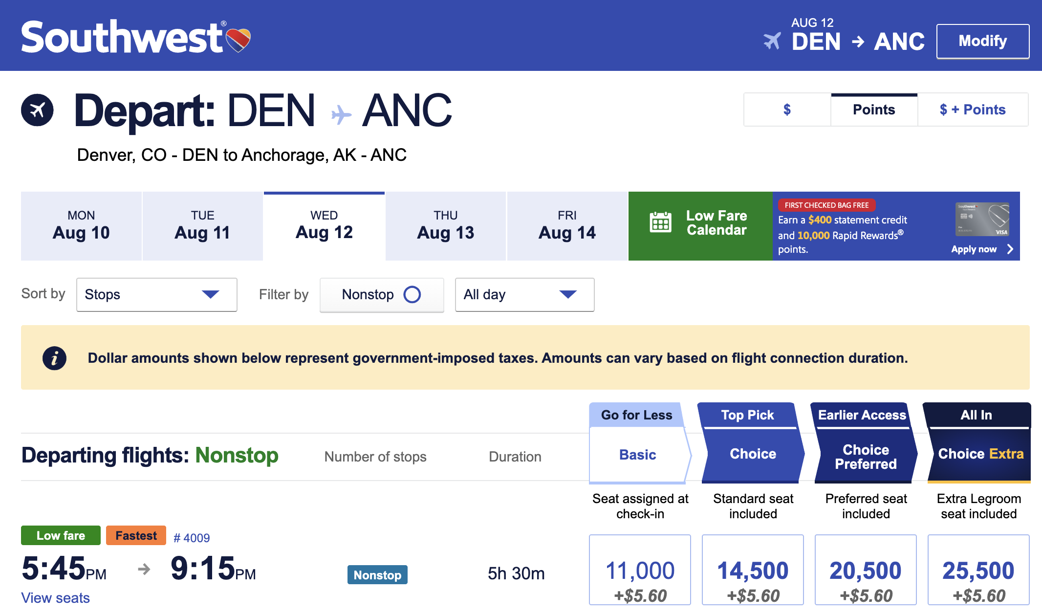Screenshot of Southwest Airlines fare example.