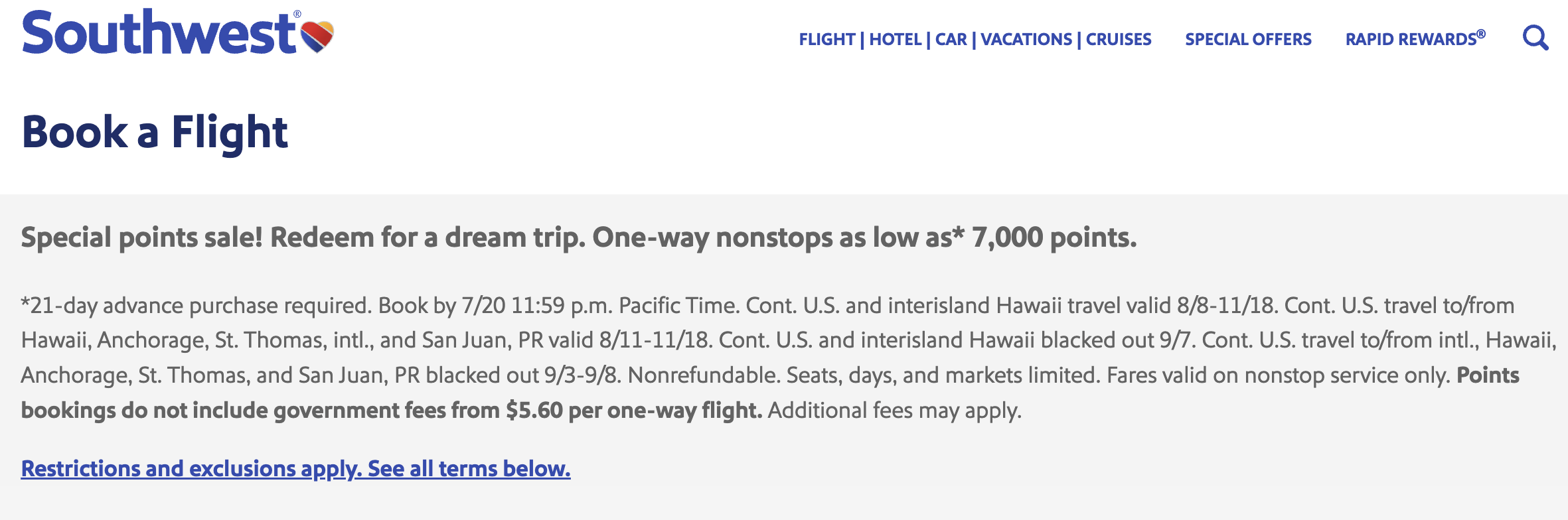 Screenshot of Southwest Airlines award sale banner.