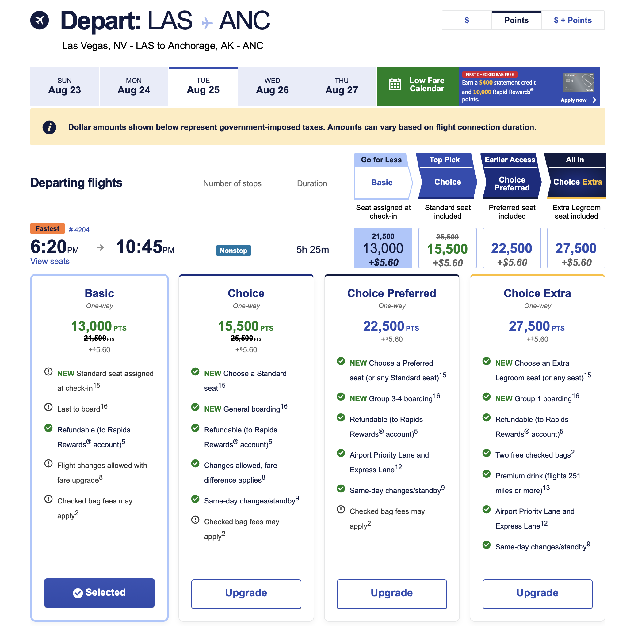 Screenshot of Southwest Airlines fare classes with discount applied.
