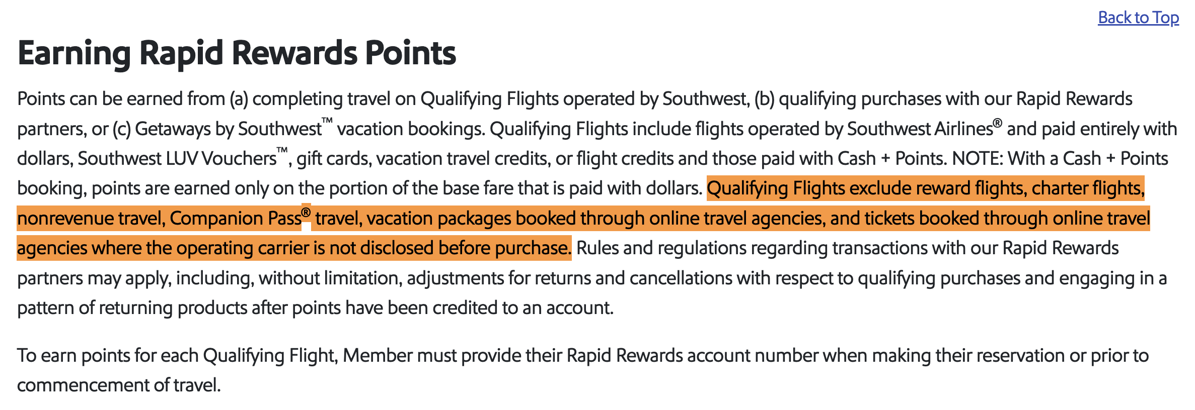 Screenshot of Southwest Airlines Rapid Rewards terms and conditions.