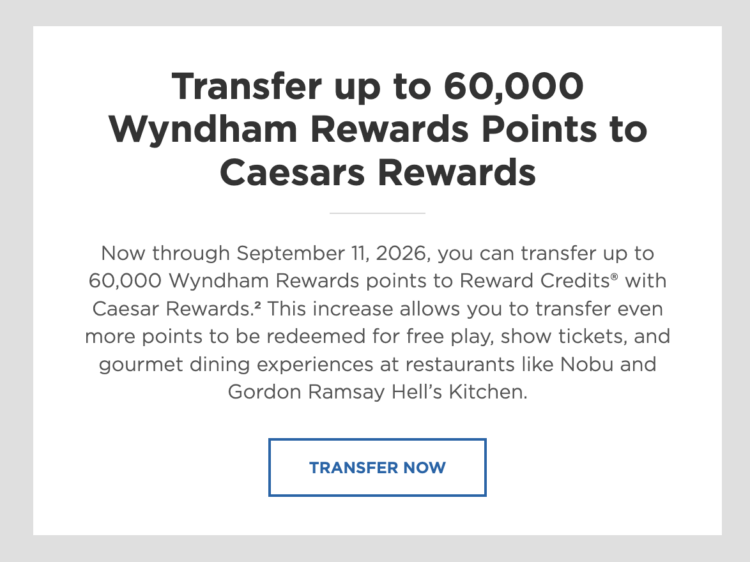Screenshot of Wyndham Rewards / Caesars benefit site.
