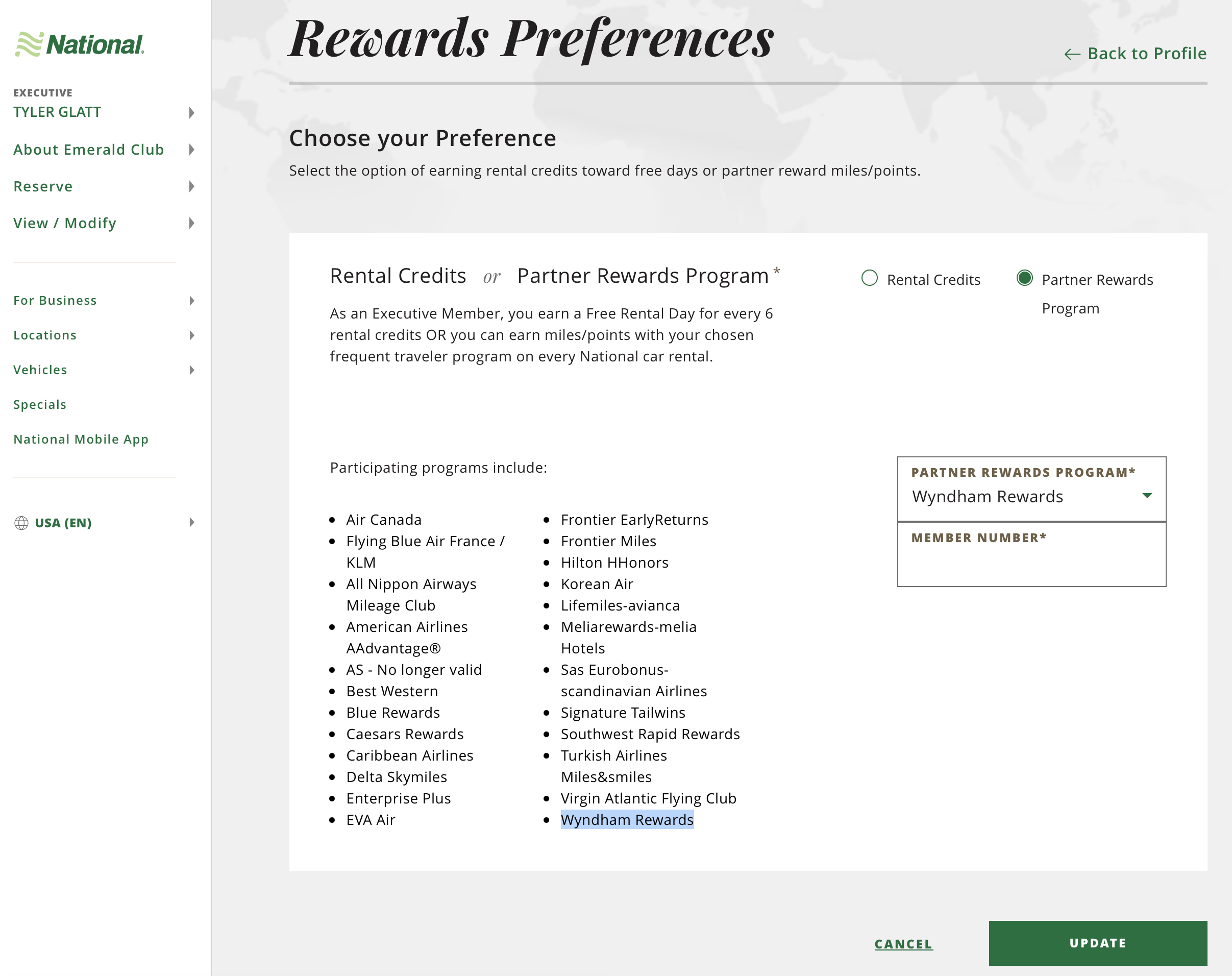 Screenshot of National Car Rental earning partners.