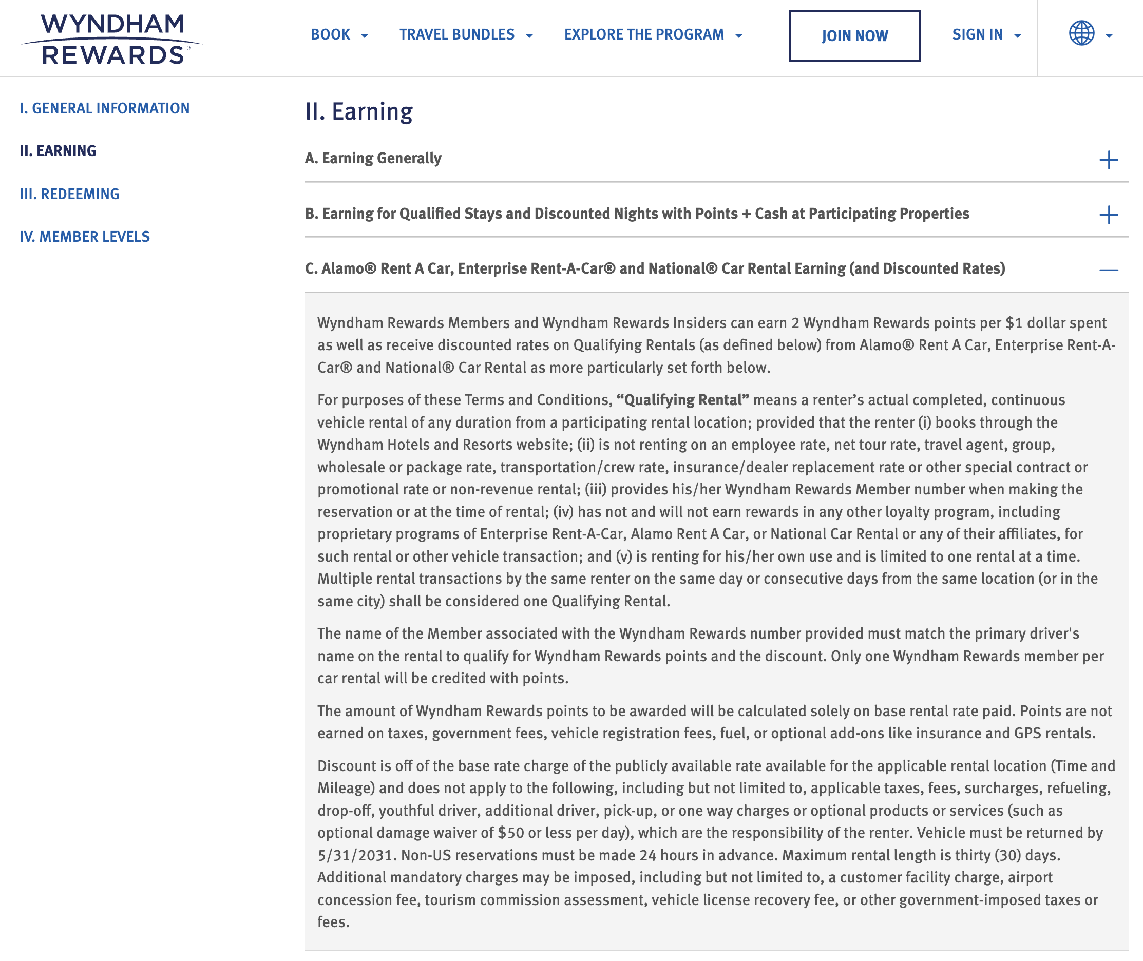 Screenshot of Wyndham Rewards terms and conditions.