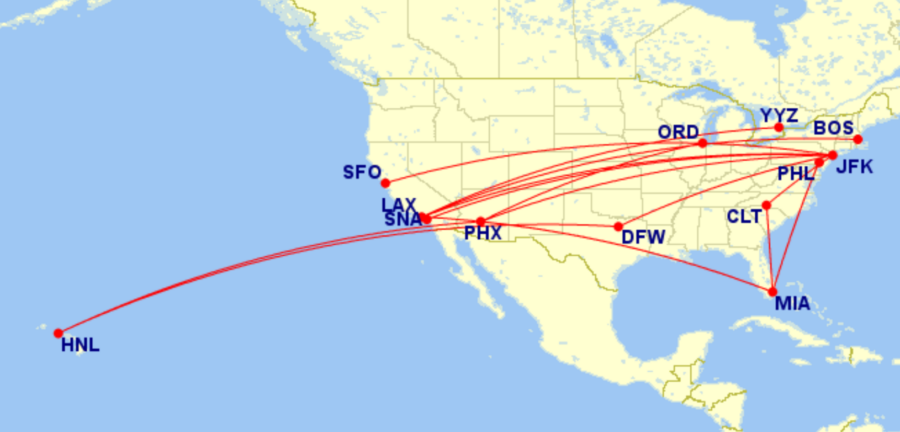 Map of domestic routes where American Airlines is flying lie-flat seats in September 2026