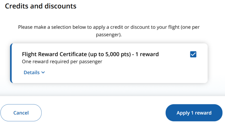 A flight reward certificate being applied to an Aeroplan redemption