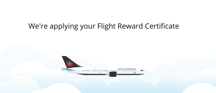 Air Canada shows a flight reward certificate is being applied