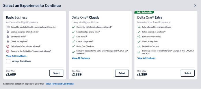 Delta's three experiences for business class flights