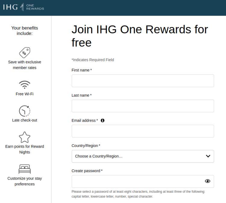 Form for joining IHG One Rewards