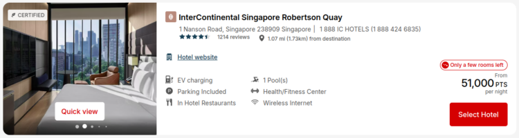 IHG award night price example Intercontinental Singapore Robertson Quay 