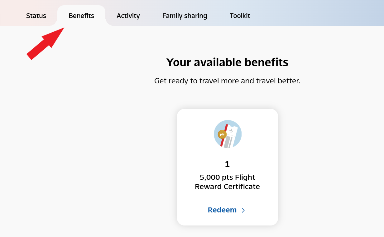 Aeroplan page that shows a flight reward certificate available to redeem