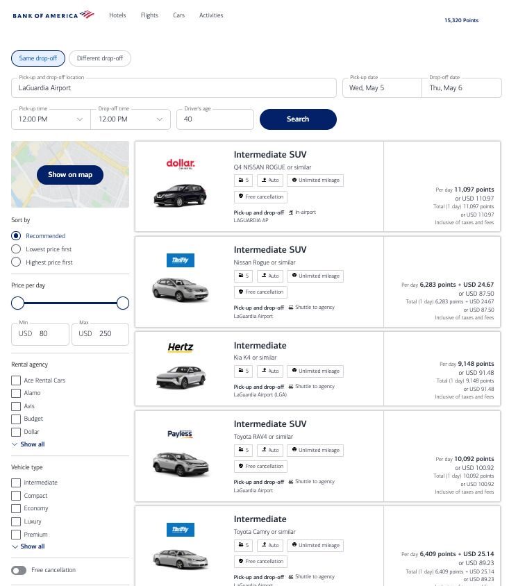 Using the Bank of America Travel Portal to search for rental cars and reviewing results
