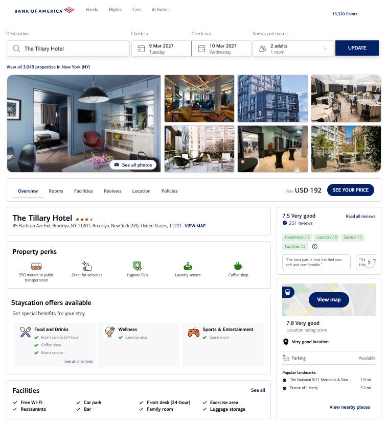 Using the Bank of America Travel Center to search for hotels and reviewing results