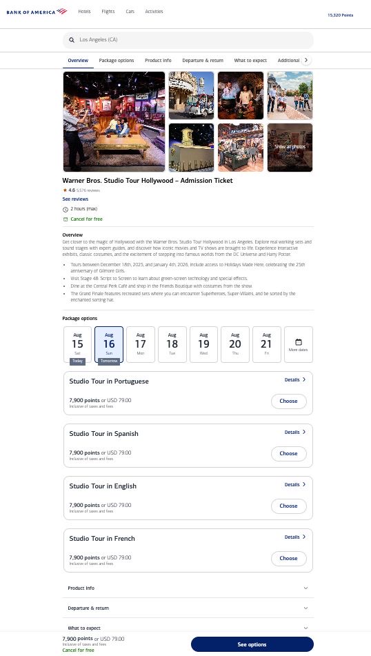 Using the Bank of America Travel Center to search for activities and selecting a specific activity that works for you
