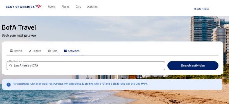 Using the Bank of America Travel Center to search for activities