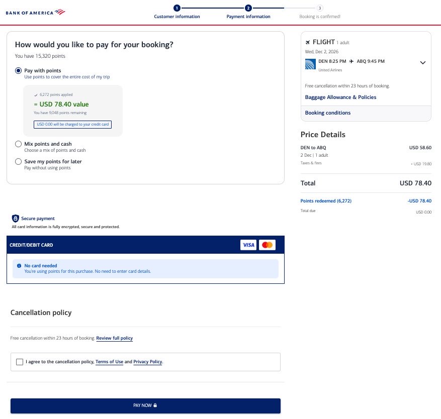 Using the Bank of America Travel Center to search for flights and choosing a payment method
