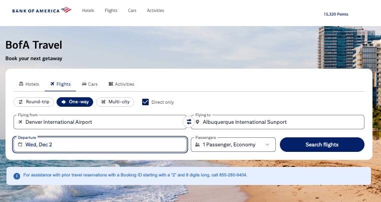 Using the Bank of America Travel Center to search for flights