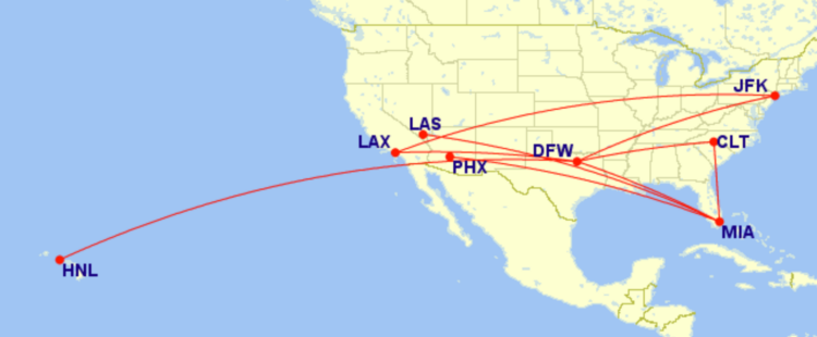 Map of domestic routes where American Airlines is flying lie-flat seats on 777-200 in October 2026