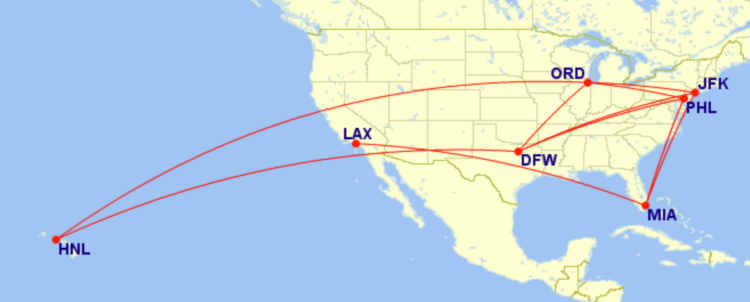 Map of domestic routes where American Airlines is flying lie-flat seats on its Boeing 787-8 aircraft in October 2026