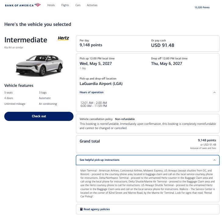 Using the Bank of America Travel Center to search for rental cars and choosing a company and vehicle for your rental