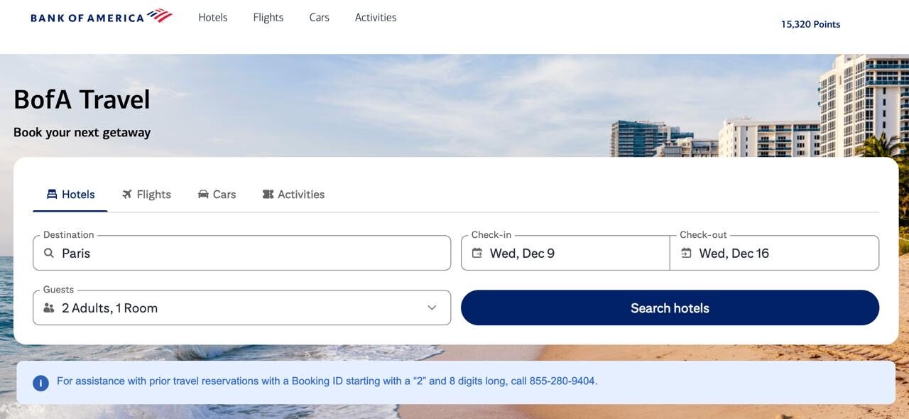 Bank of America travel Center hotel bookings