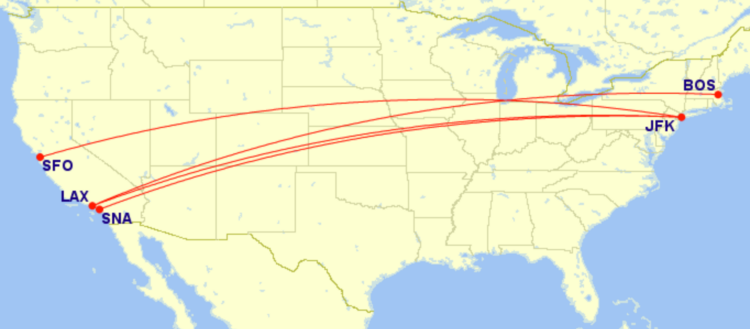 Map of domestic routes where American Airlines is flying lie-flat seats on A321T in October 2026