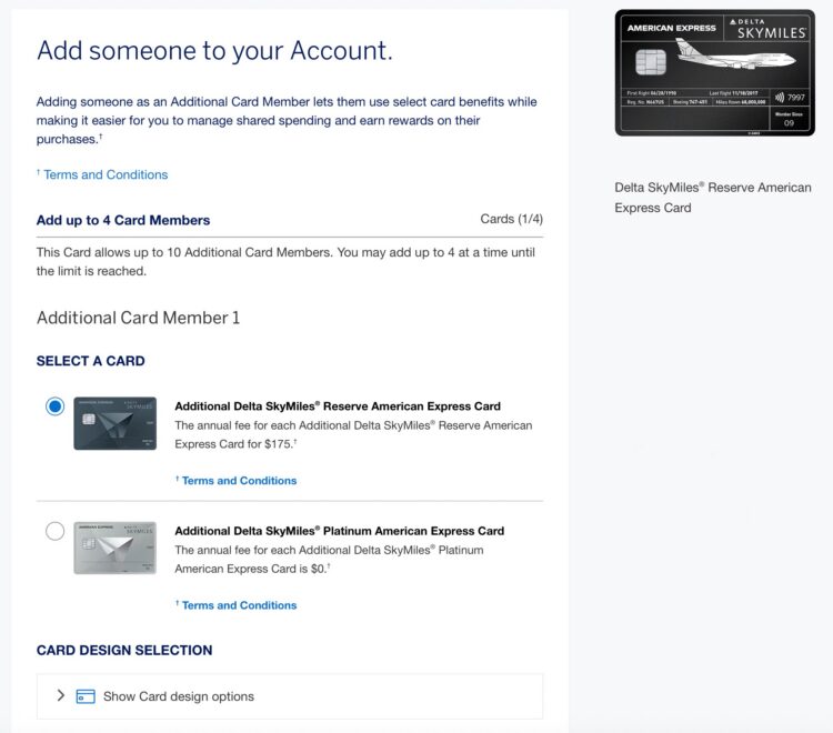 American Express screen showing card accounts available for adding an authorized user