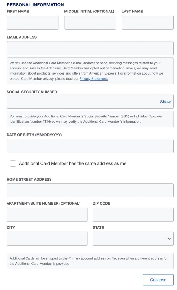 American Express page for entering an authorized user's personal information