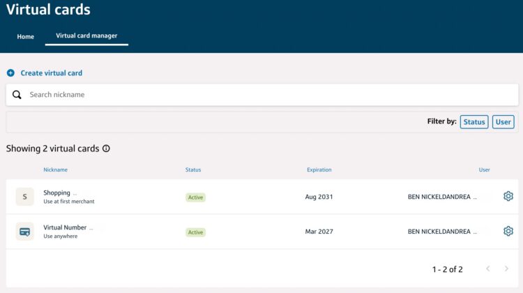 Virtual card section of the Capital One website