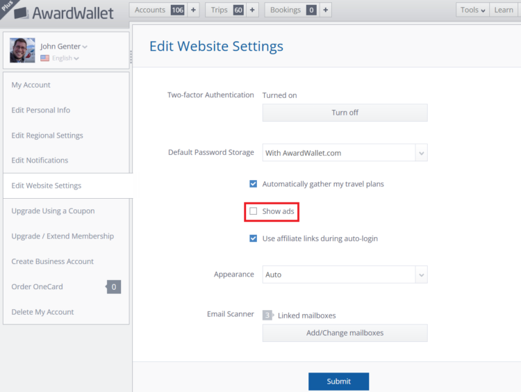 AwardWallet Plus settings to remove blog and account-list ads