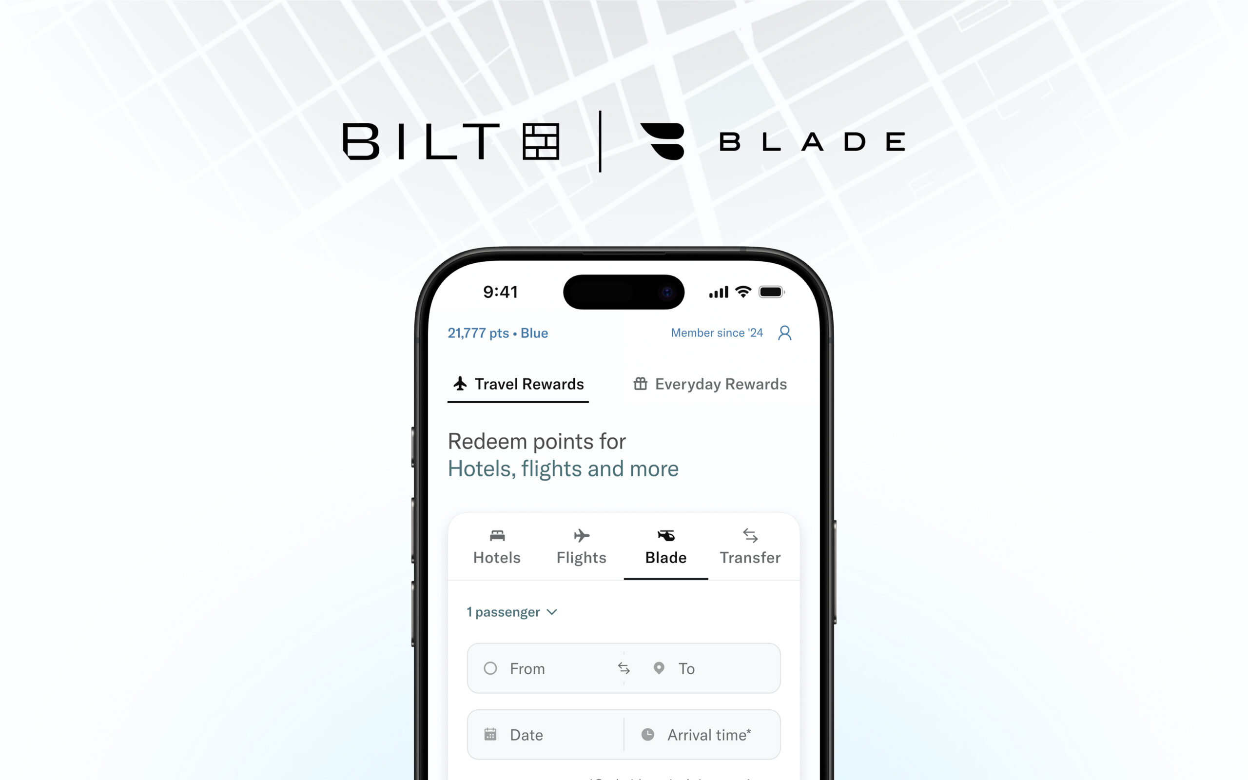 Visualization of booking a BLADE flight in the Bilt app