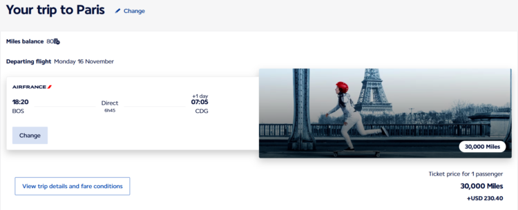 Example Flying Blue Promo Reward ticket from Boston to Paris in premium economy