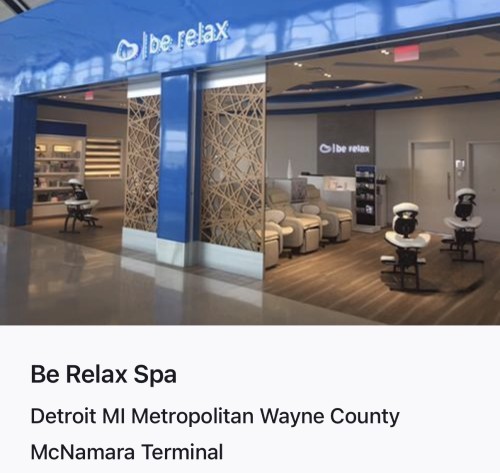 The Priority Pass page for the Be Relax Spa in DTW airport