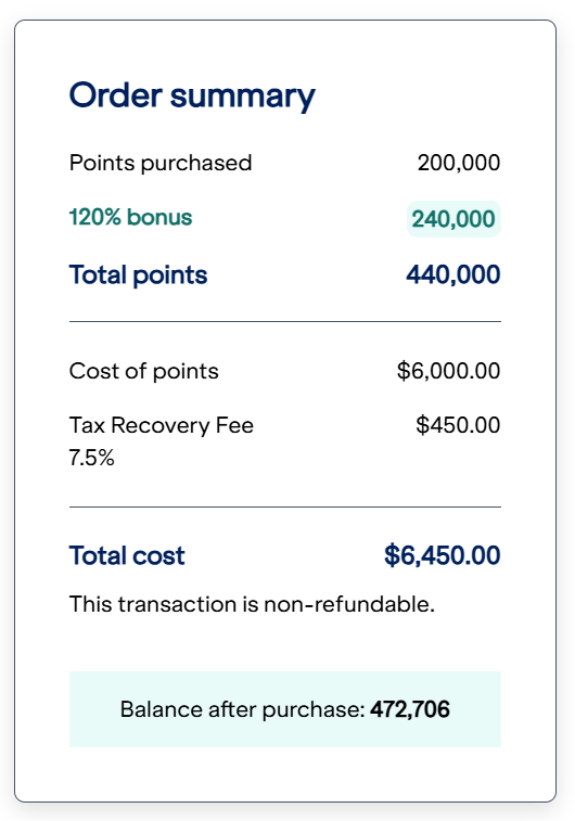 Example purchase of 440,000 JetBlue TrueBlue points