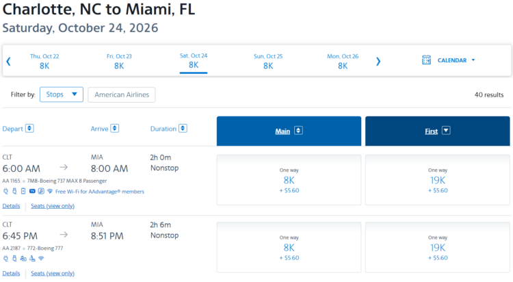 Screenshot showing AAdvantage award search results from Charlotte to Miami in lay-flat first class using AAdvantage miles