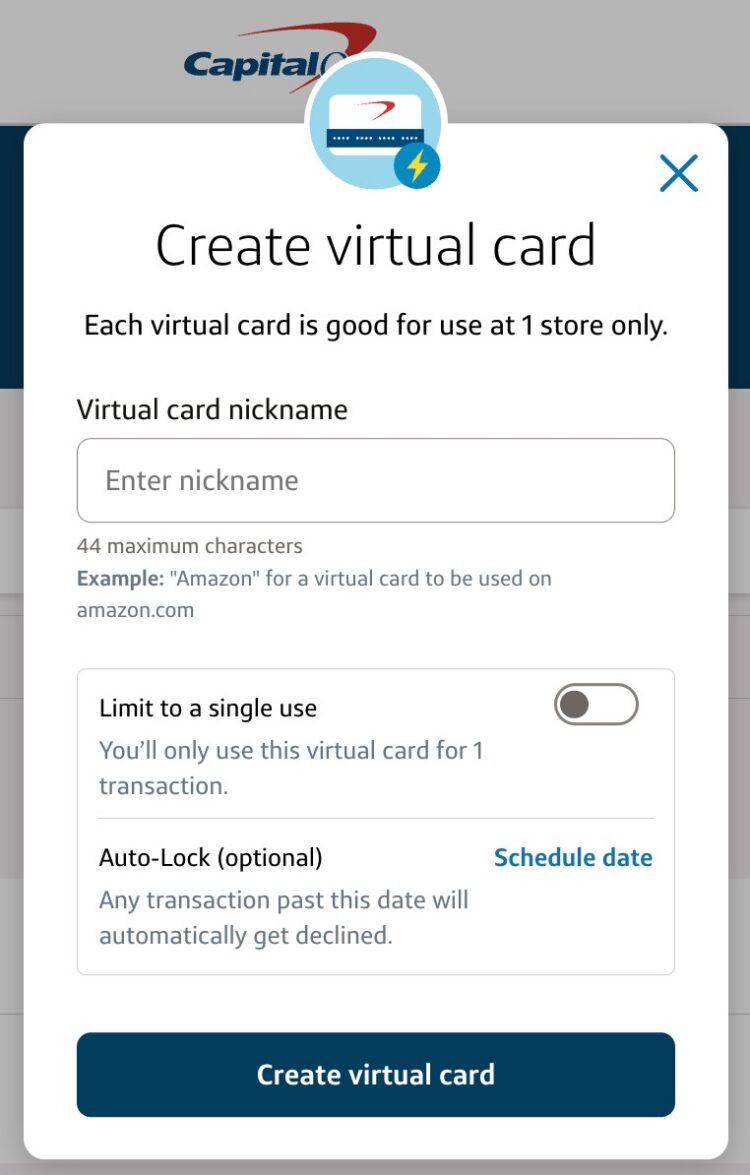 Capital One app process for creating a virtual card