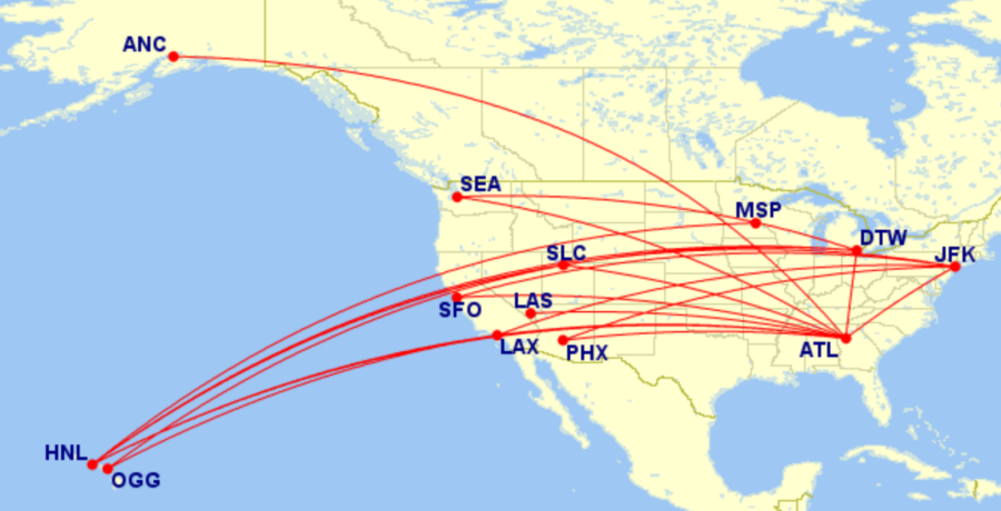 Map of all Delta domestic lay-flat routes for September 2026