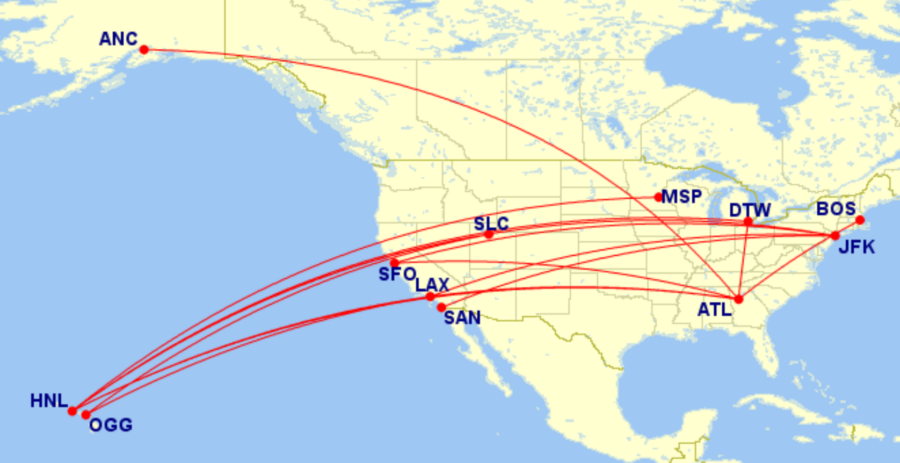 Map of all Delta domestic lay-flat routes for September 2026