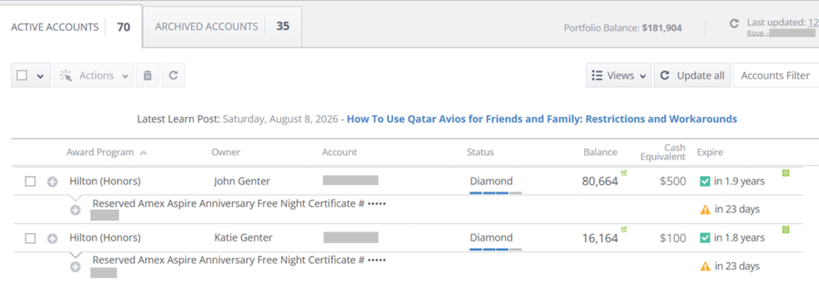 AwardWallet account summary with Hilton Honors balances and free night certificates