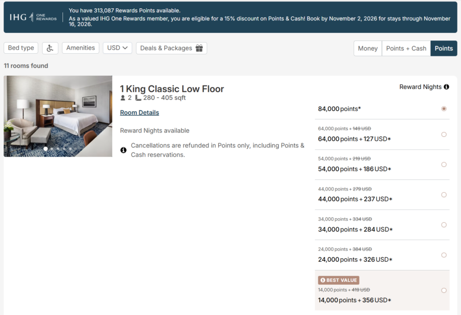 IHG Points and Cash award search results showing discount