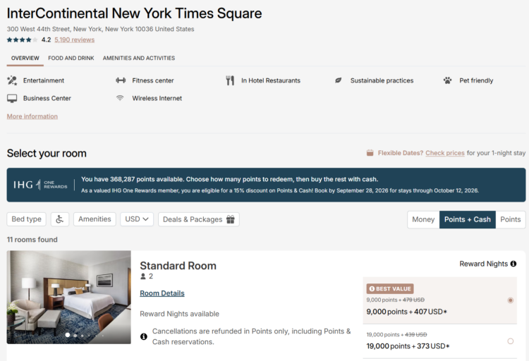 IHG award search results for New York City showing IHG Points and Cash discount