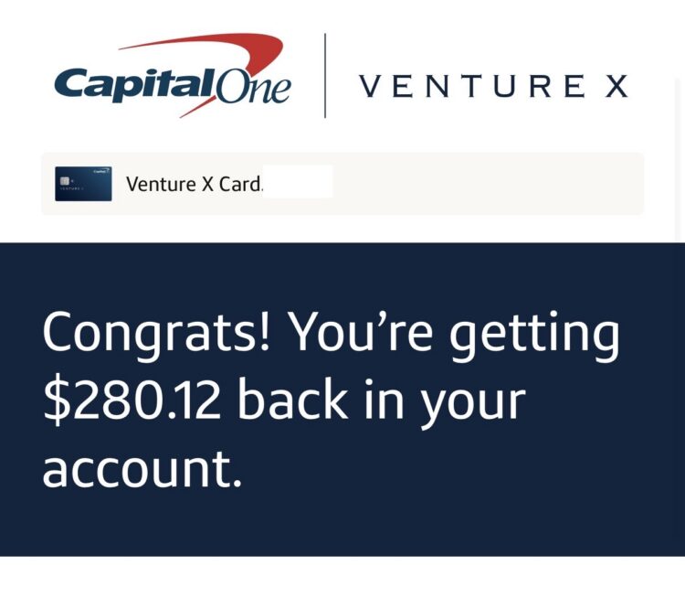 Capital One showing a $280.12 statement credit from redeeming miles