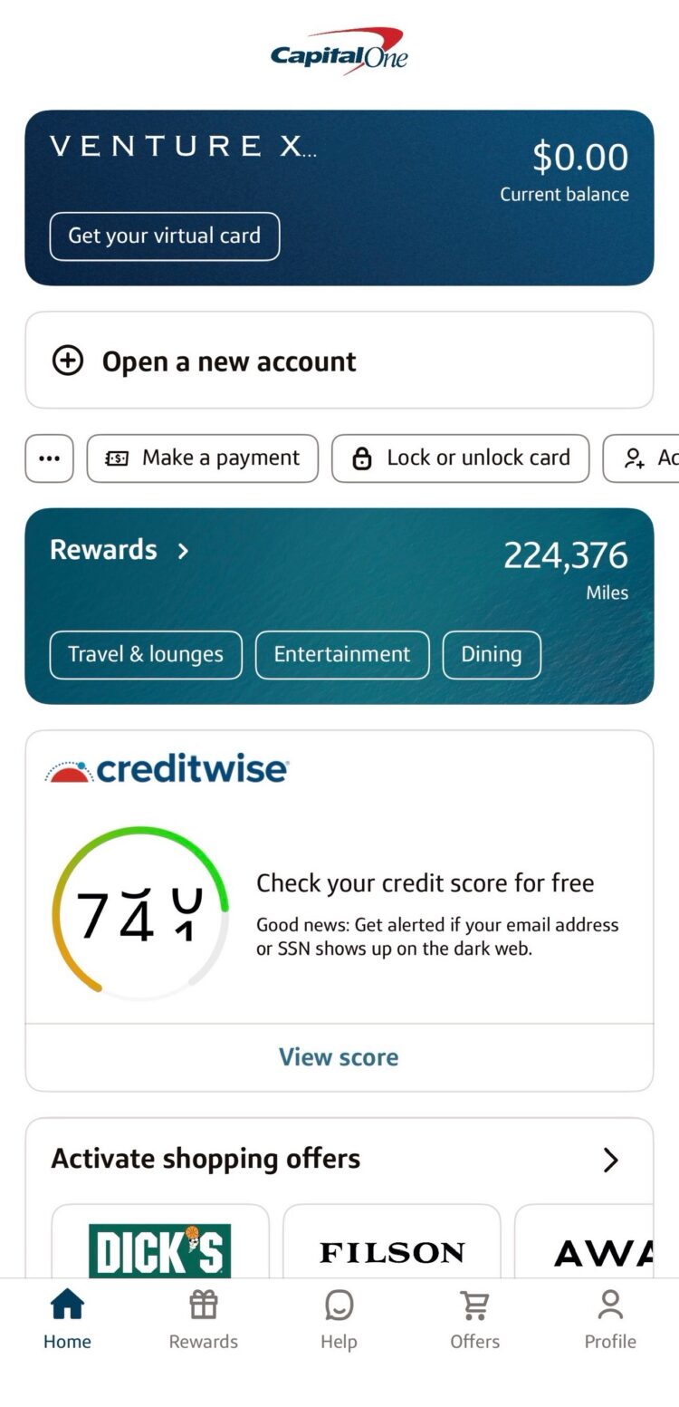 Homepage of the Capital One app