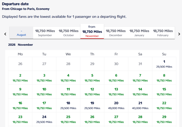 Flying Blue award calendar results for awards from Chicago to Paris