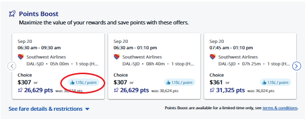 A Chase Travel search result for a flight from Dallas to Los Cabos, Mexico, with a Points boost Southwest flight option.