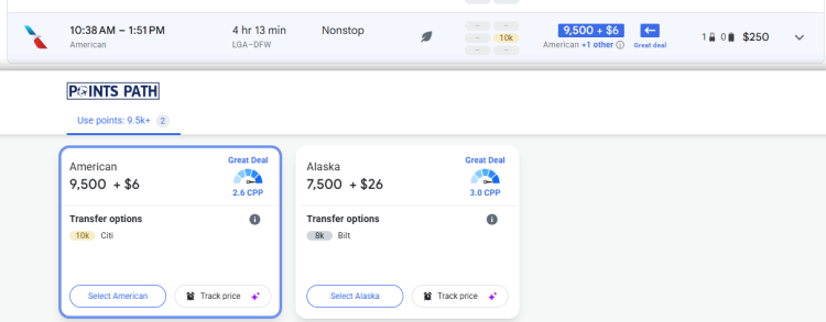 The detail screen for Points Path where two options for booking a flight are displayed. It shows that you can book this flight through American Airlines for 9,500 miles, or through Alaska for 7,500 miles.