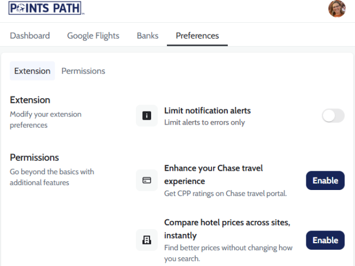Options for enabling the Points Path browser extension to enhance your Chase Travel searches and for comparing hotel prices across sites.