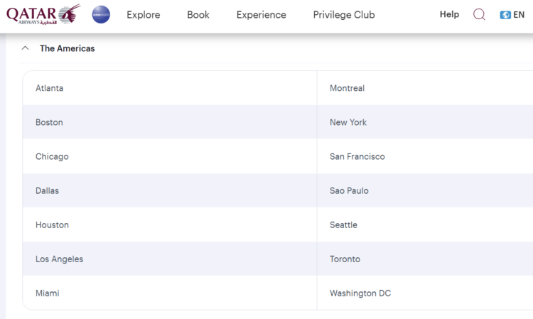 Qatar Wifi routes page showing destinations in the Americas that have Starlink Wifi
