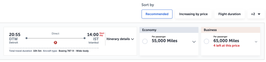 Turkish Airlines award search results DTW to IST