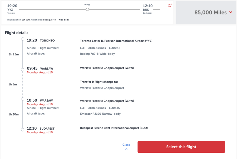 Star Alliance award search result YYZ to BUD via WAW on LOT Polish Airlines