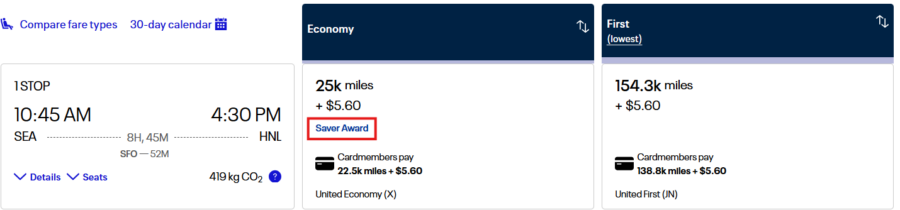 United Saver Award Space booking example; these are the flights you need for partner award flights